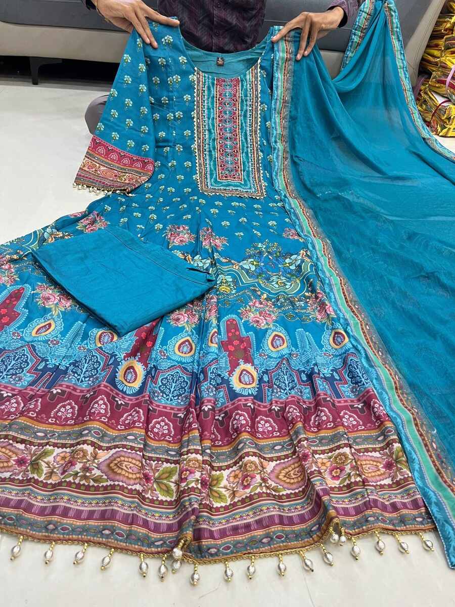 FANCY CHINON DIGITAL PRINT WITH KODI LACE WORK ANARKALI BOTTOM WITH DUPATTA FESTIVE WEAR WHOLESALE PRICE ETHNIC GARMENT (1)
