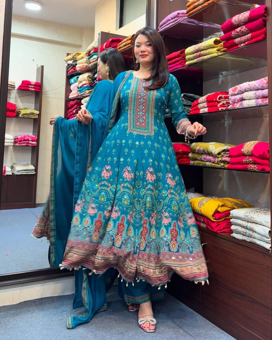 FANCY CHINON DIGITAL PRINT WITH KODI LACE WORK ANARKALI BOTTOM WITH DUPATTA FESTIVE WEAR WHOLESALE PRICE ETHNIC GARMENT (4)