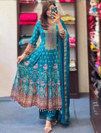 FANCY CHINON DIGITAL PRINT WITH KODI LACE WORK ANARKALI BOTTOM WITH DUPATTA SKY
