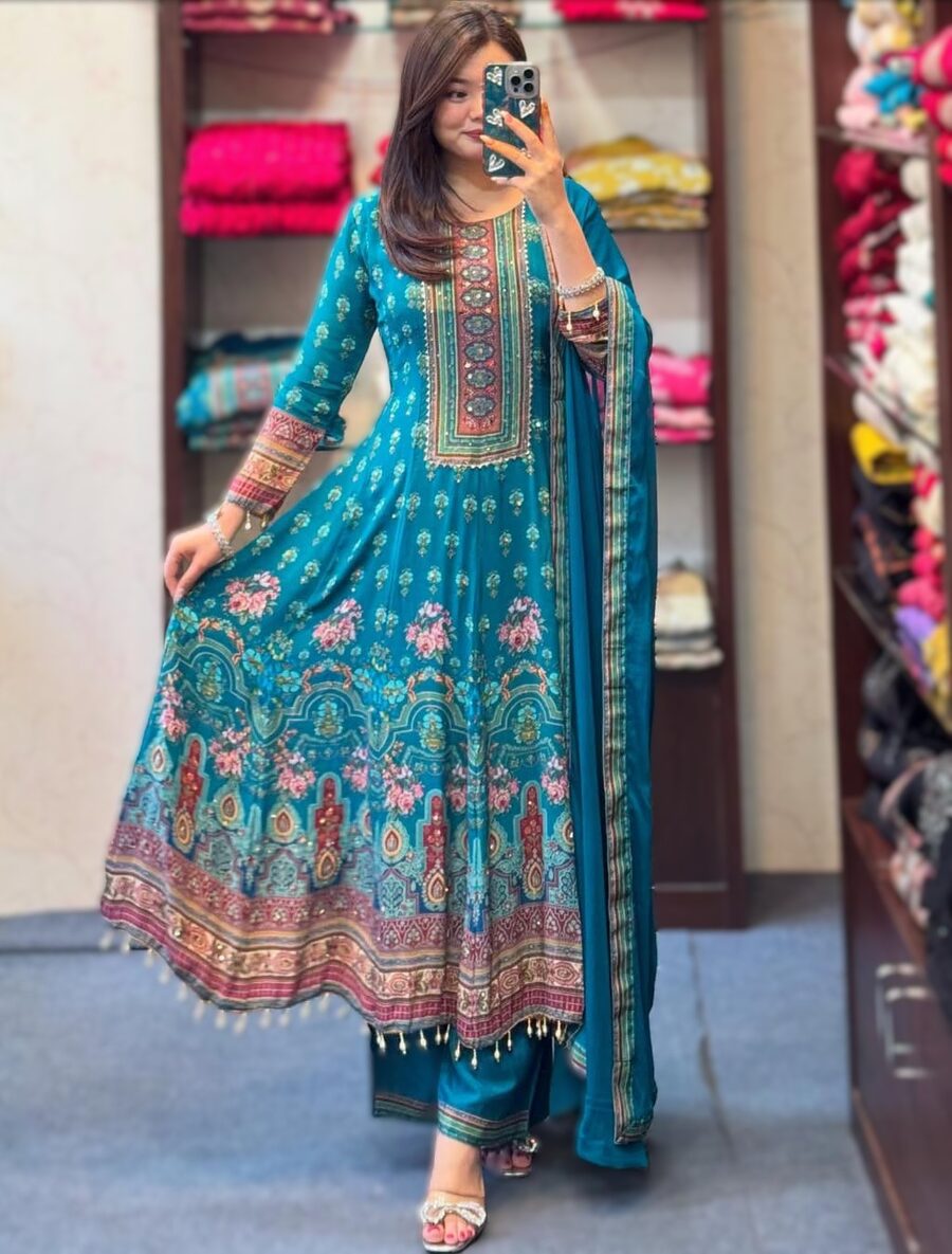FANCY CHINON DIGITAL PRINT WITH KODI LACE WORK ANARKALI BOTTOM WITH DUPATTA FESTIVE WEAR WHOLESALE PRICE ETHNIC GARMENT (6)