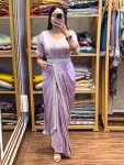 FANCY CHINON EMBROIDERY CODING WORK READY TO WEAR SAREE WITH STITCHED BLOUSE LAVENDER