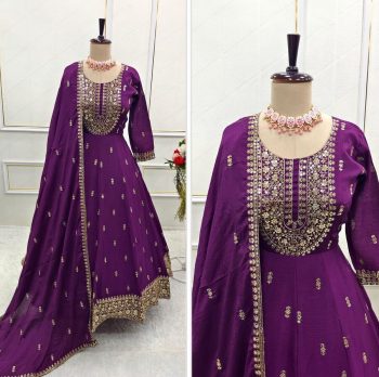 FANCY CHINON EMBROIDERY SEQUENCE WORK GOWN BOTTOM WITH DUPATTA PURPLE