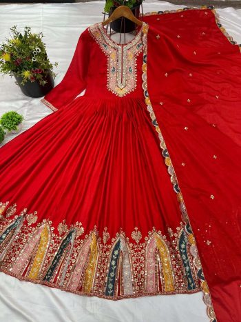 FANCY CHINON MULTI THREAD EMBROIDERY SEQUENCE WORK GOWN WITH DUPATTA RED