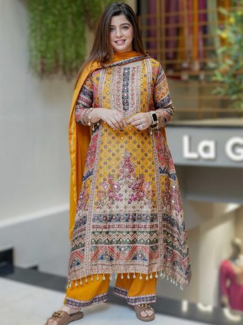 FANCY CHINON SILK DIGITAL PRINT WITH READY MADE LACE BORDER AND REAL MIRROR HAND WORK TOP PALAZZO WITH DUPATTA YELLOW