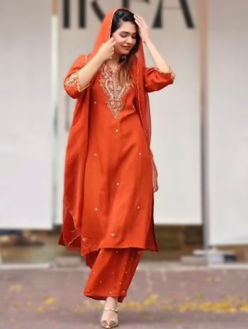 FANCY CHINON SILK EMBROIDERY AND SEQUENCE WORK TOP BOTTOM WITH DUPATTA ORANGE