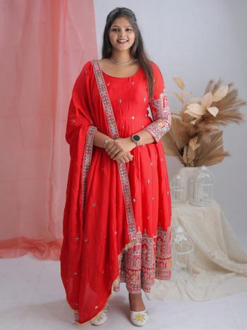 FANCY CHINON SILK EMBROIDERY CODING DORI AND SEQUENCE WORK GOWN BOTTOM WITH DUPATTA RED
