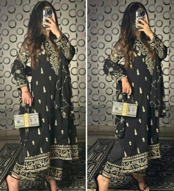 FANCY CHINON SILK EMBROIDERY CODING SEQUENCE WORK TOP BOTTOM WITH DUPATTA BLACK