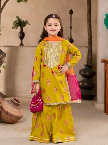 FANCY CHINON SILK EMBROIDERY SEQUENCE WORK WITH SOFT PRINTED WORK KID'S TOP SHARARA WITH DUPATTA YELLOW