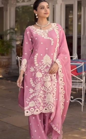 FANCY CHINON SILK THREAD CUTWORK SEQUENCE WORK TOP BOTTOM WITH DUPATTA BABY PINK