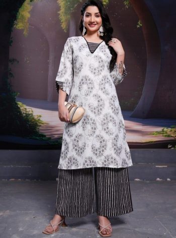 FANCY COTTON DIGITAL PRINTED KURTI PALAZZO SET WHITE