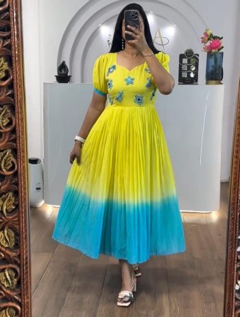 FANCY COTTON PADDING WITH HAND WORK ONE PIECE DRESS LEMON