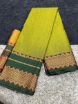 FANCY COTTON SILK JACQUARD WEAVING RICH HEAVY BORDER WORK SAREE WITH UNSTITCHED BLOUSE LEMON