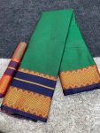 FANCY COTTON SILK JACQUARD WEAVING RICH HEAVY BORDER WORK SAREE WITH UNSTITCHED BLOUSE GREEN