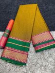FANCY COTTON SILK JACQUARD WEAVING RICH HEAVY BORDER WORK SAREE WITH UNSTITCHED BLOUSE MUSTARD