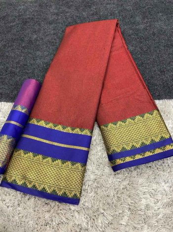 FANCY COTTON SILK JACQUARD WEAVING RICH HEAVY BORDER WORK SAREE WITH UNSTITCHED BLOUSE RED