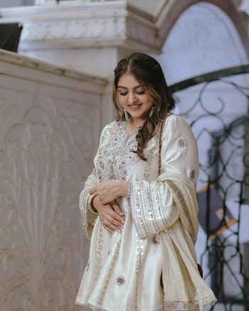 FANCY CREPE EMBROIDERY SEQUENCE WORK WITH REAL MIRROR HAND WORK TOP PALAZZO WITH DUPATTA WHITE