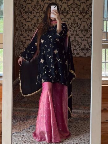 FANCY CRUSH SILK SEQUENCE EMBROIDERY WORK TOP PALAZZO WITH DUPATTA BLACK