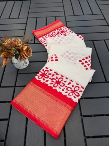 FANCY DOLA SILK DOBBY BORDER AND PRINT WORK SAREE WITH UNSTITCHED BLOUSE RED