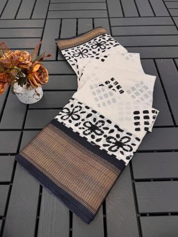 FANCY DOLA SILK DOBBY BORDER AND PRINT WORK SAREE WITH UNSTITCHED BLOUSE BLACK