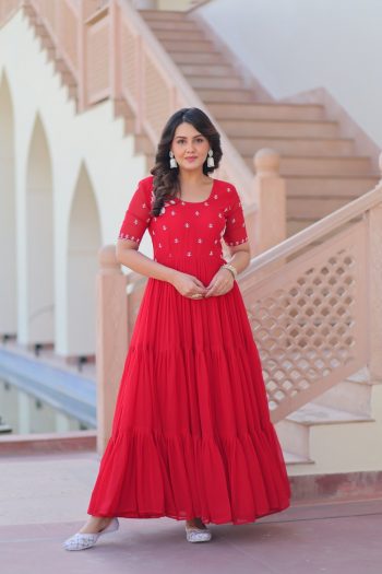 FANCY FAUX BLOOMING BEADS EMBROIDERY WORK GOWN RED