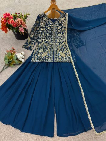 FANCY FAUX  GEORGETTE EMBROIDERY SEQUENCE WORK TOP PALAZZO WITH DUPATTA  NAVY BLUE