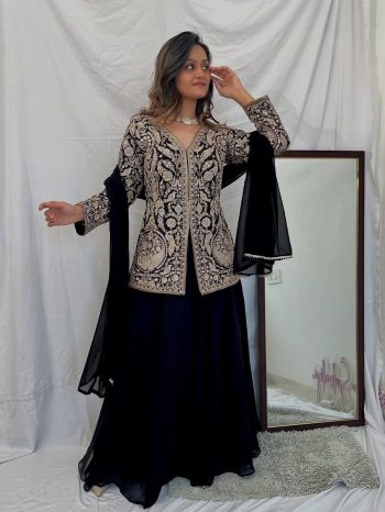 FANCY FAUX  GEORGETTE EMBROIDERY SEQUENCE WORK TOP PALAZZO WITH DUPATTA  BLACK