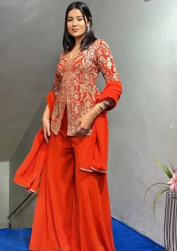 FANCY FAUX  GEORGETTE EMBROIDERY SEQUENCE WORK TOP PALAZZO WITH DUPATTA  ORANGE
