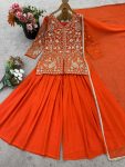 FANCY FAUX GEORGETTE EMBROIDERY SEQUENCE WORK TOP PALAZZO WITH DUPATTA WEDDING WEAR WHOLESALE PRICE ETHNIC GARMENT(14)