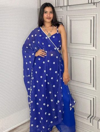 FANCY GEORGETTE DIGITAL PRINT WITH POMPOM & KODI LACE  WORK  FUSION STYLE DUPATTA BUSTIER AND PALAZZO BLUE