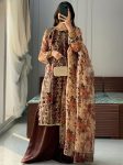 FANCY GEORGETTE DIGITAL PRINTED WITH EMBROIDERY SEQUENCE AND RIVET MOTI WORK TOP PALAZZO WITH DUPATTA CHIKU