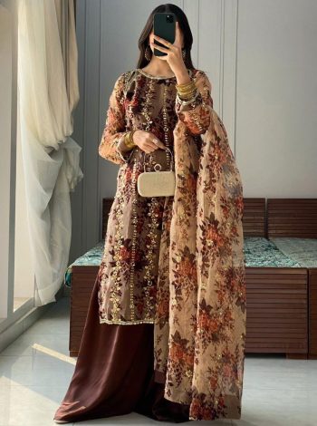 FANCY GEORGETTE DIGITAL PRINTED WITH EMBROIDERY SEQUENCE AND RIVET MOTI WORK TOP PALAZZO WITH DUPATTA CHIKU