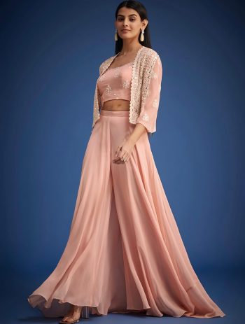 FANCY GEORGETTE EMBROIDERED SEQUENCE WORK WITH REAL MIROR HAND WORK BLOUSE KOTI WITH PALAZZO BABY PINK