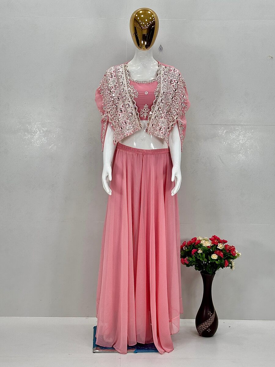 FANCY GEORGETTE EMBROIDERED SEQUENCE WORK WITH REAL MIROR HAND WORK BLOUSE KOTI WITH PALAZZO PARTY WEAR WHOLESALE PRICE ETHNIC GARMENT (5)