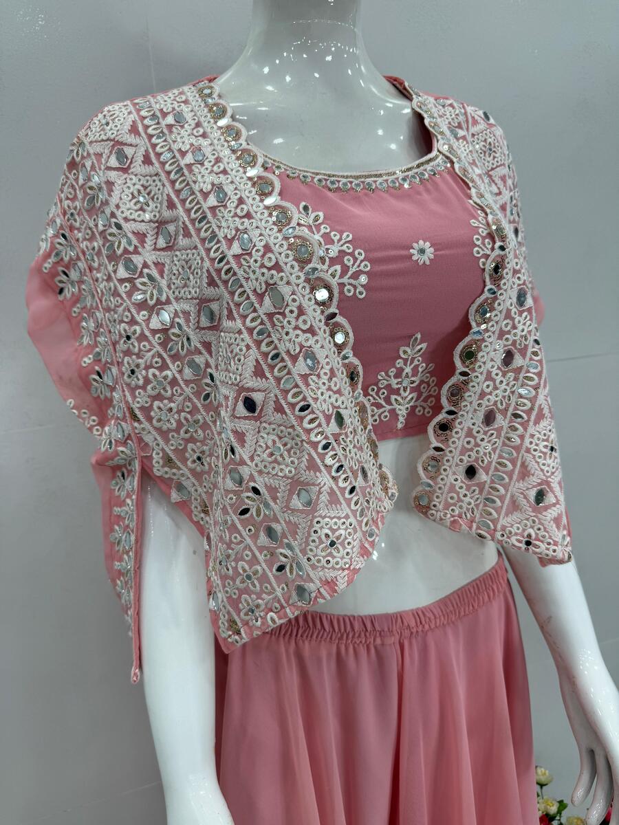 FANCY GEORGETTE EMBROIDERED SEQUENCE WORK WITH REAL MIROR HAND WORK BLOUSE KOTI WITH PALAZZO PARTY WEAR WHOLESALE PRICE ETHNIC GARMENT (9)