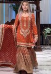 FANCY GEORGETTE EMBROIDERY SEQUENCE WITH LATKAN BORDER WORK TOP SHARARA WITH DUPATTA ORANGE