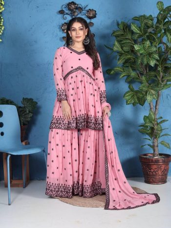 FANCY GEORGETTE EMBROIDERY SEQUENCE WORK TOP SHARARA WITH DUPATTA BABY PINK