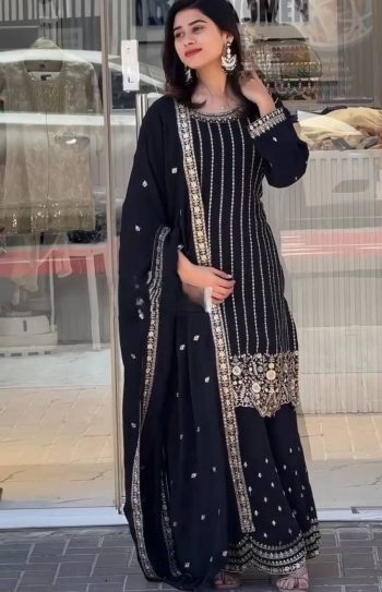 FANCY GEORGETTE EMBROIDERY WITH THREAD AND SEQUENCE WORK TOP PALAZZO WITH DUPATTA BLACK
