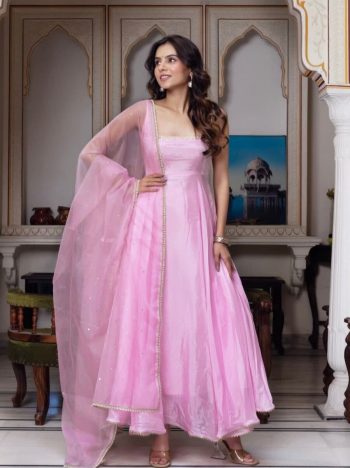FANCY GEORGETTE EMBROIDERY WORK GOWN BOTTOM WITH DUPATTA  BABY PINK