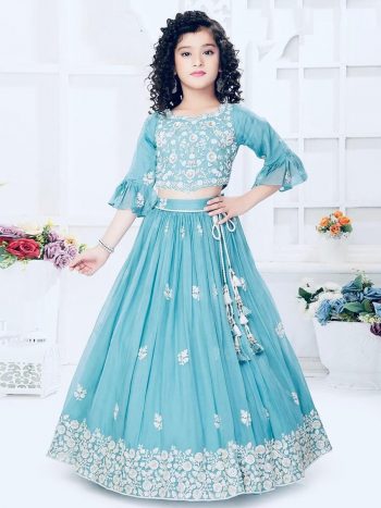 FANCY GEORGETTE EMBROIDERY WORK KID'S LEHENGA CHOLI WITH DUPATTA  SKY