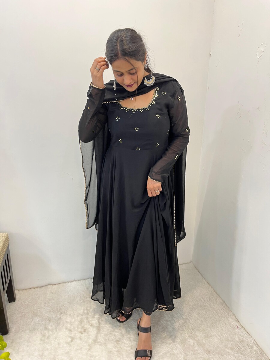 FANCY GEORGETTE HAND MIRROR EMBROIDERY WORK GOWN BOTTOM WITH DUPATTA BLACK (1)