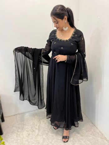 FANCY GEORGETTE HAND MIRROR EMBROIDERY WORK GOWN BOTTOM WITH DUPATTA BLACK