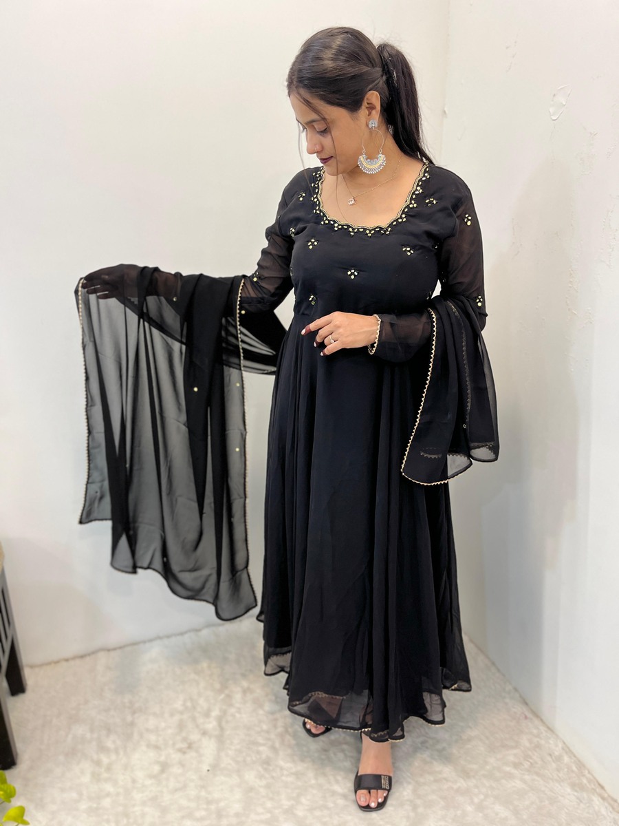 FANCY GEORGETTE HAND MIRROR EMBROIDERY WORK GOWN BOTTOM WITH DUPATTA BLACK (3)