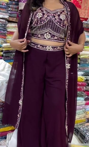 FANCY GEORGETTE SEQUENCE EMBROIDERY WORK BLOUSE PALAZZO WITH SHRUG STYLE KOTI PURPLE