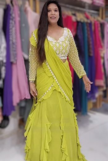 FANCY GEORGETTE SEQUENCE EMBROIDERY WORK LEHENGA SAREE WITH  BLOUSE LEMON