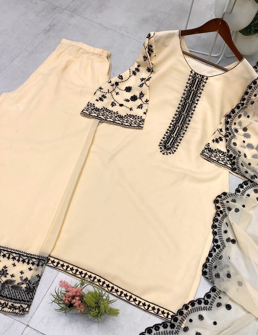 FANCY GEORGETTE SEQUENCE EMBROIDERY WORK TOP PALAZZO WITH DUPATTA OFFICE WEAR WHOLESALE PRICE ETHNIC GARMENT (1)