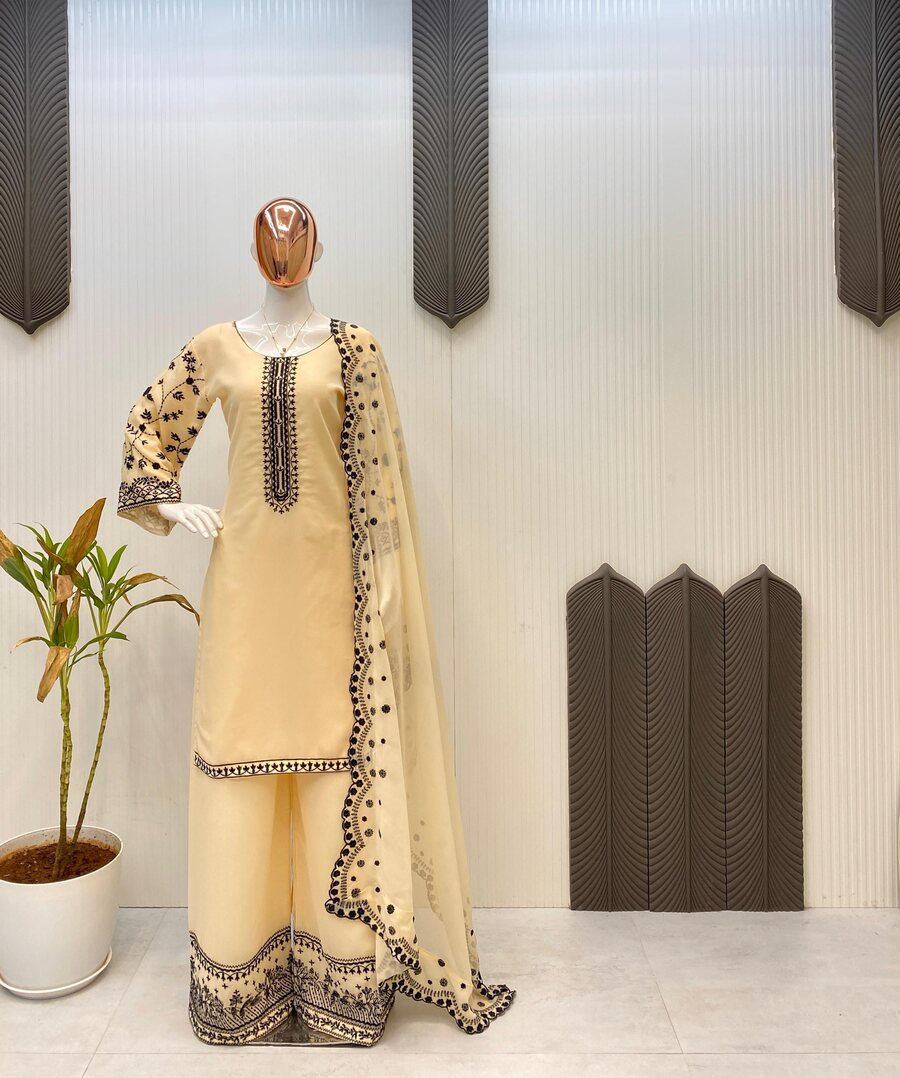 FANCY GEORGETTE SEQUENCE EMBROIDERY WORK TOP PALAZZO WITH DUPATTA OFFICE WEAR WHOLESALE PRICE ETHNIC GARMENT (5)