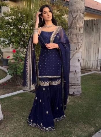 FANCY GEORGETTE THREAD WITH SEQUENCE WORK TOP SHARARA WITH DUPATTA  NAV YBLUE