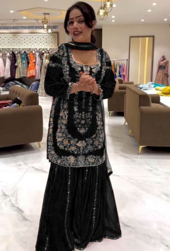 FANCY GEORGETTE THREAD WITH SEQUENCE WORK TOP SHARARA WITH DUPATTA BLACK