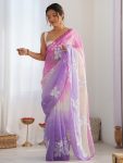 FANCY GOLD CRUSH EMBROIDERY WORK SAREE WITH UNSTITCHED BLOUSE LAVENDER + PINK