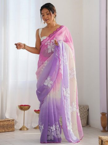 FANCY GOLD CRUSH EMBROIDERY WORK SAREE WITH UNSTITCHED BLOUSE LAVENDER + PINK